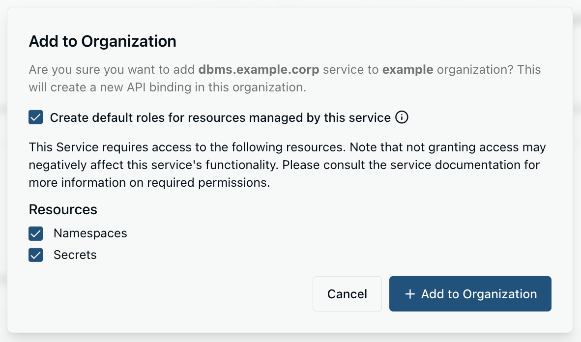 Wizard for adding a service to the workspace, showing options for creating default rules and resource claims Add Service Wizard