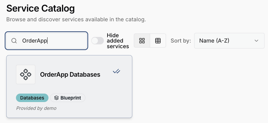 The OrderApp Databases Blueprint in the service catalog, listed as a service and marked with a Blueprint badge OrderApp Databases in the service catalog