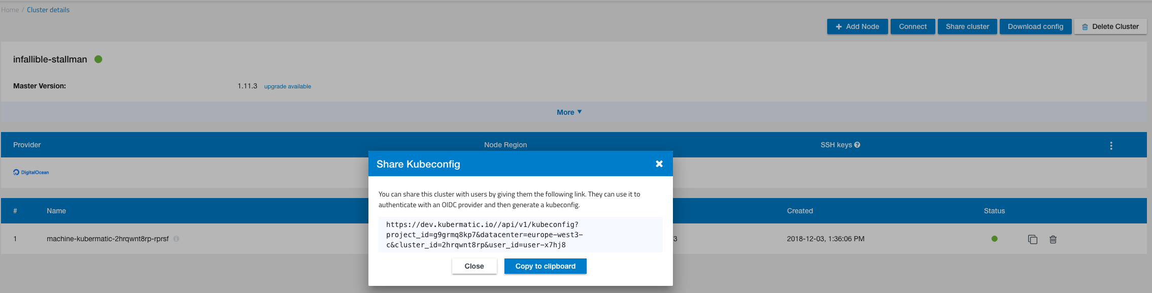 Share cluster dialog