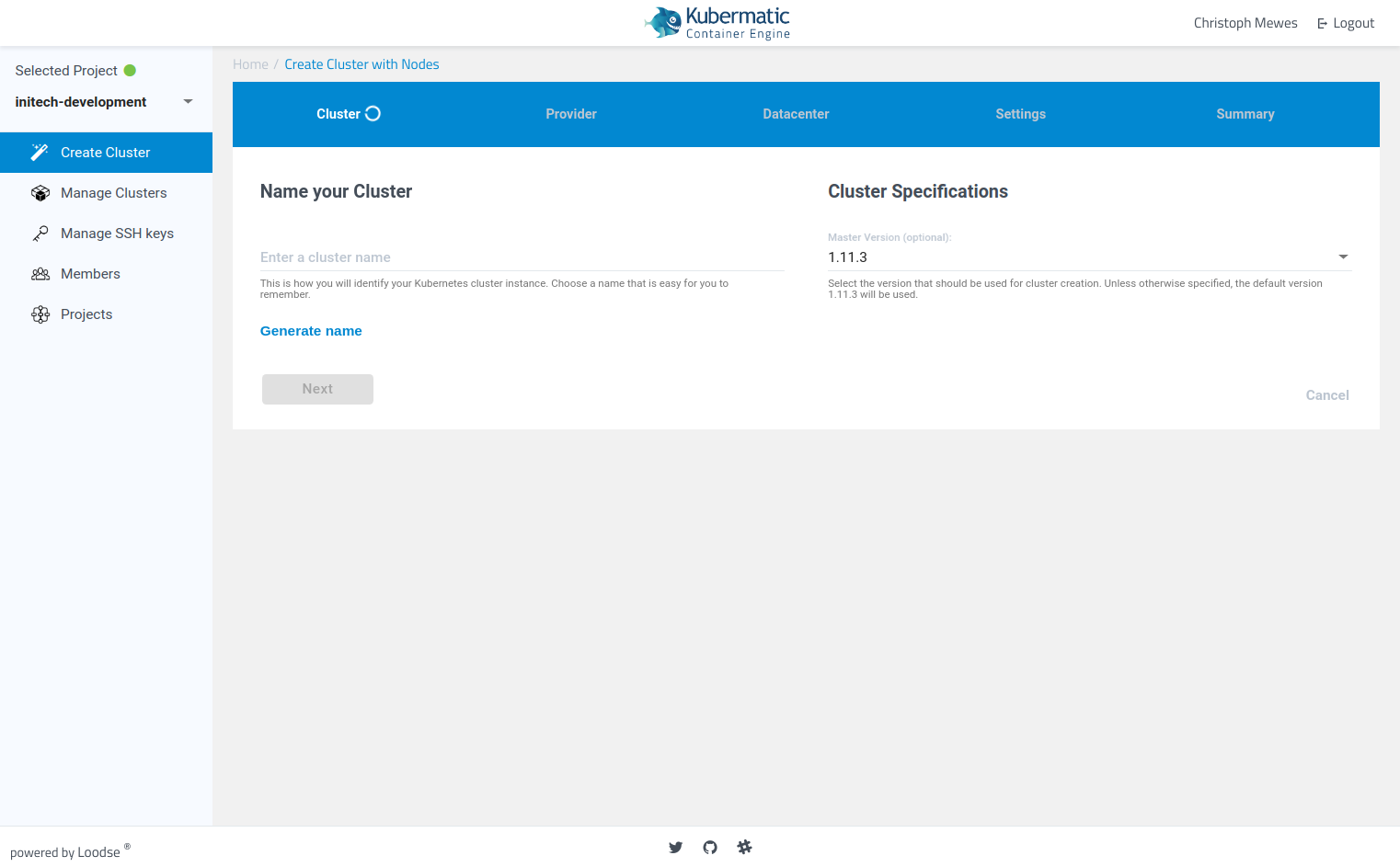Screenshot of KKP&rsquo;s first cluster creation wizard page