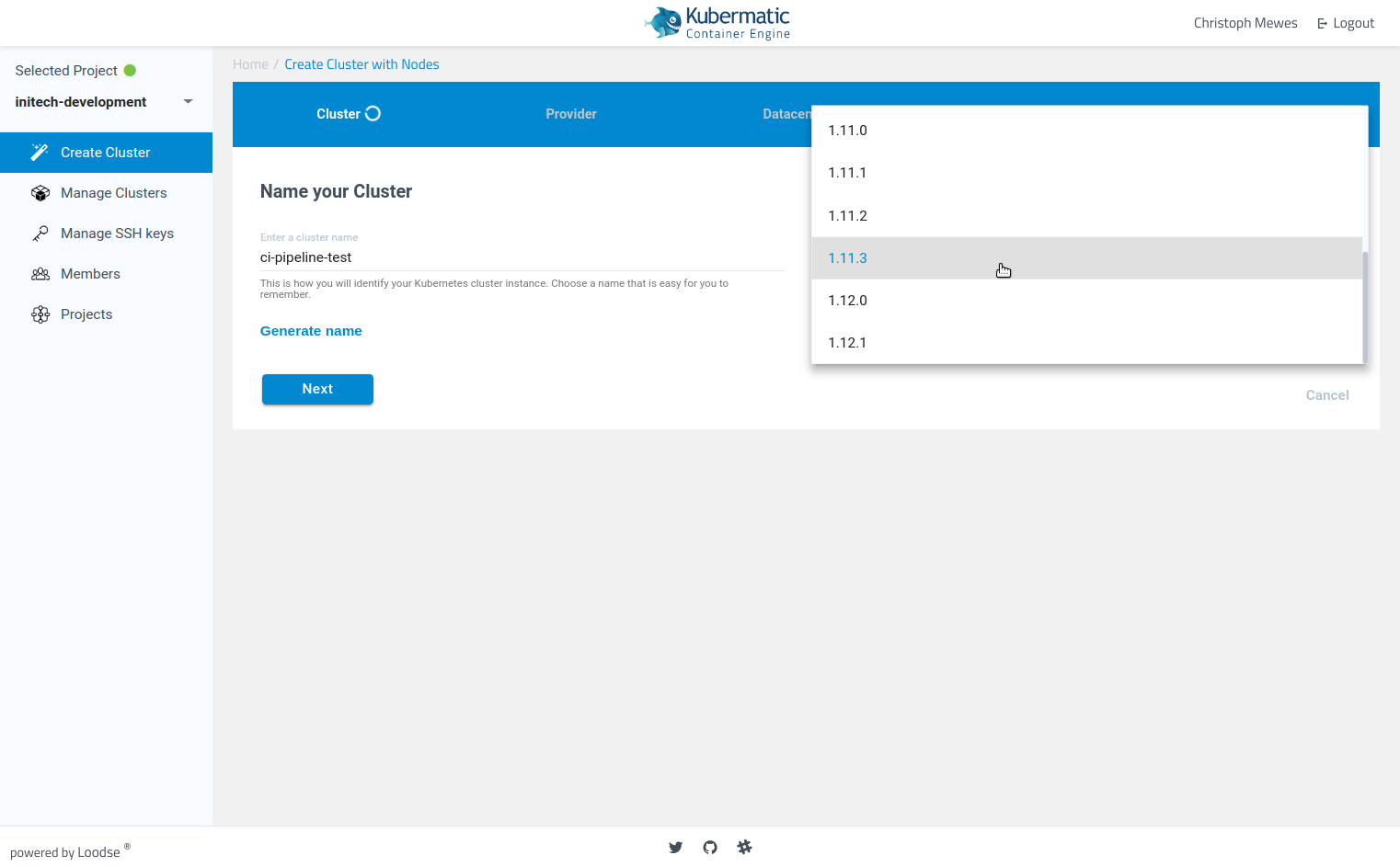 Screenshot of KKP&rsquo;s first cluster creation wizard page