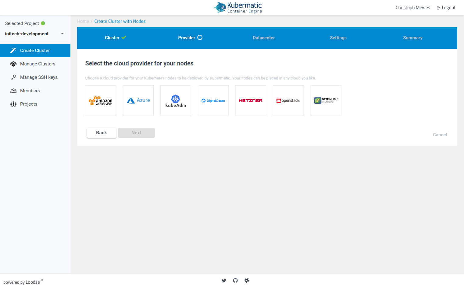 Screenshot of KKKP&rsquo;s second cluster creation wizard page