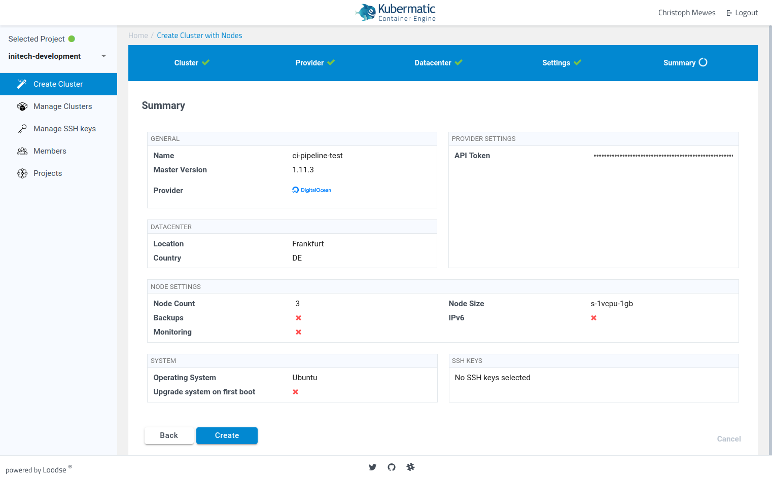 Screenshot of KKP&rsquo;s final cluster creation wizard page