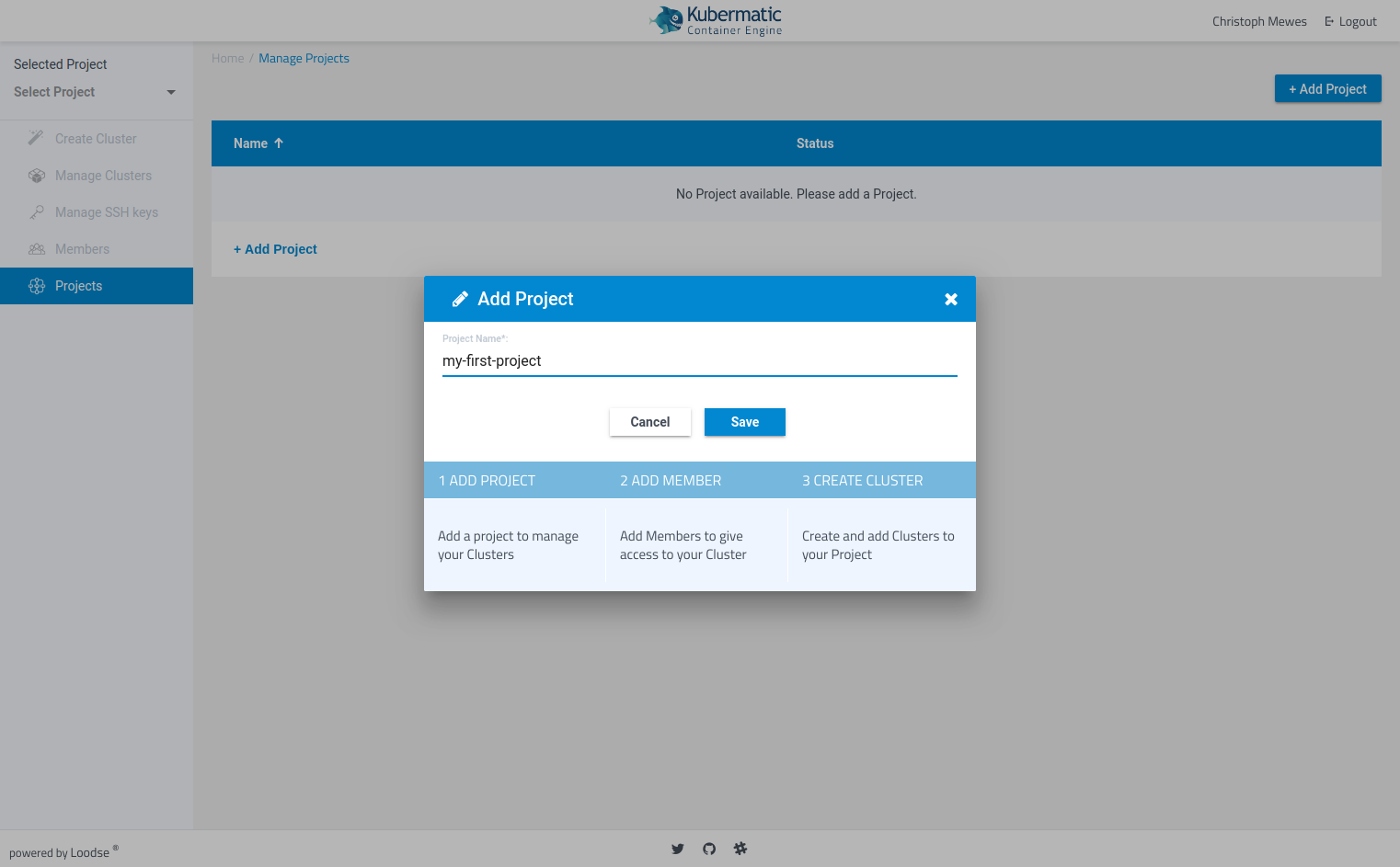 Screenshot of KKP&rsquo;s first cluster creation wizard page