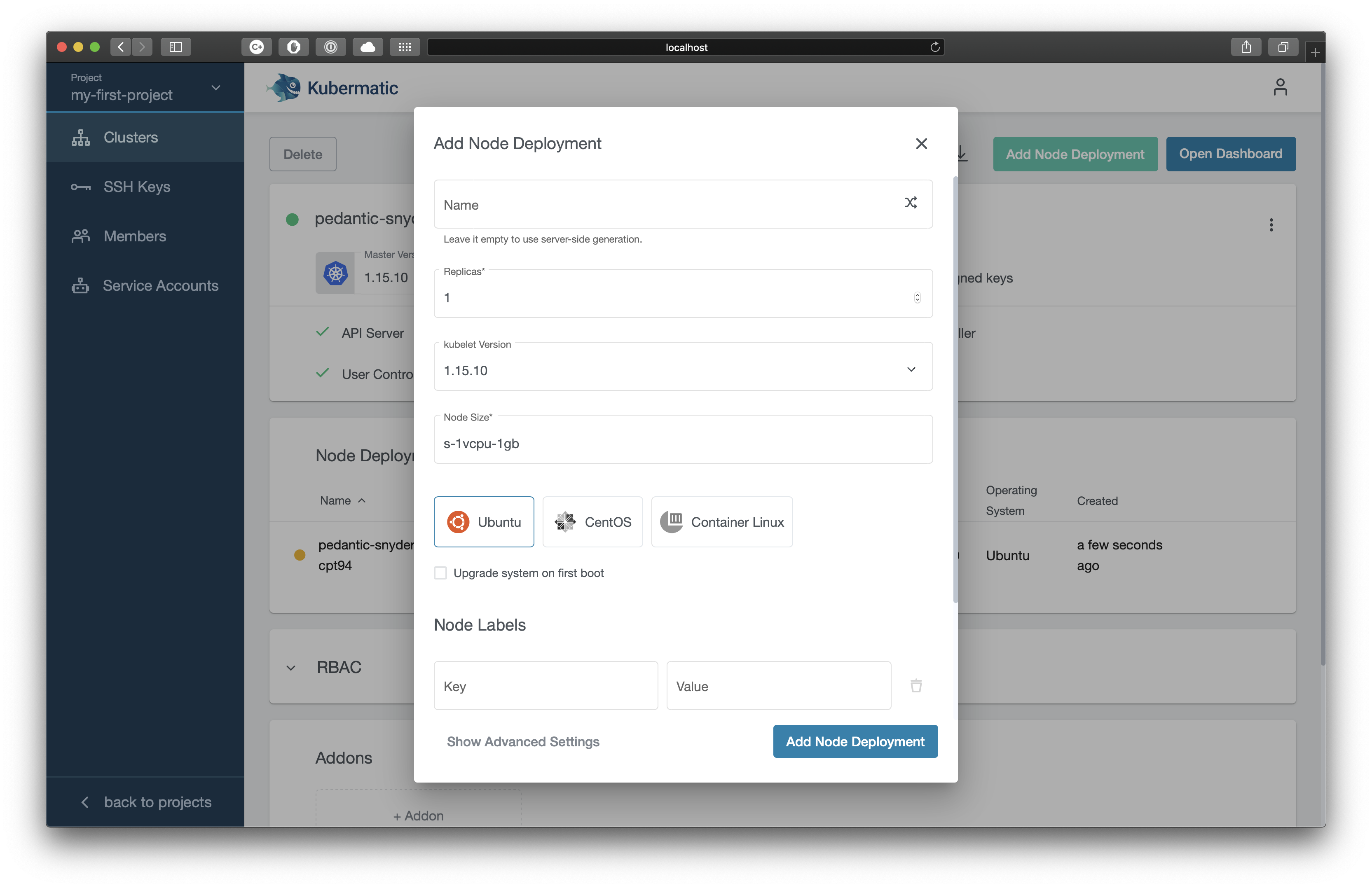 Add node deployment dialog