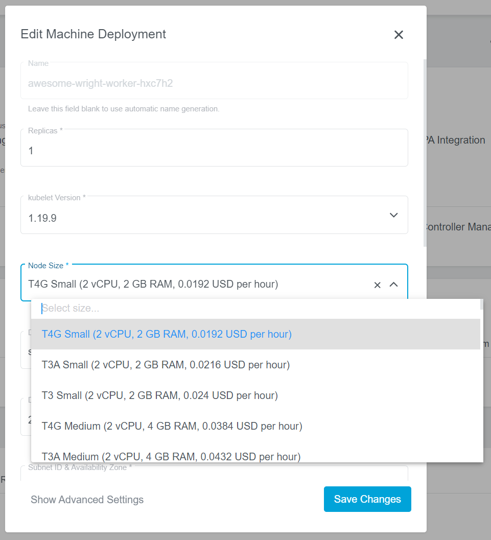 Machine deployment overview with opened edit modal