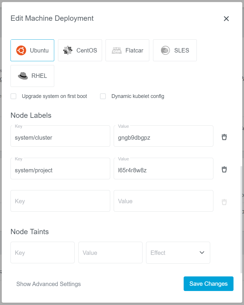 Machine deployment overview with opened edit modal