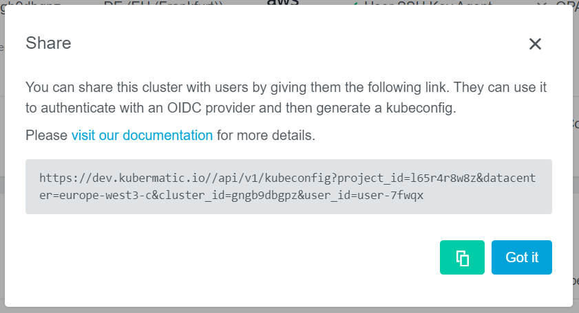 Share cluster dialog