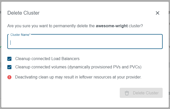 Confirmation dialog for Cluster Deletion