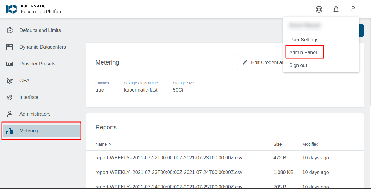 Navigation to Metering configuration and reports