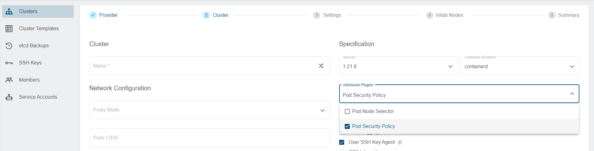 Pod Security Policy Selection during Cluster Creation