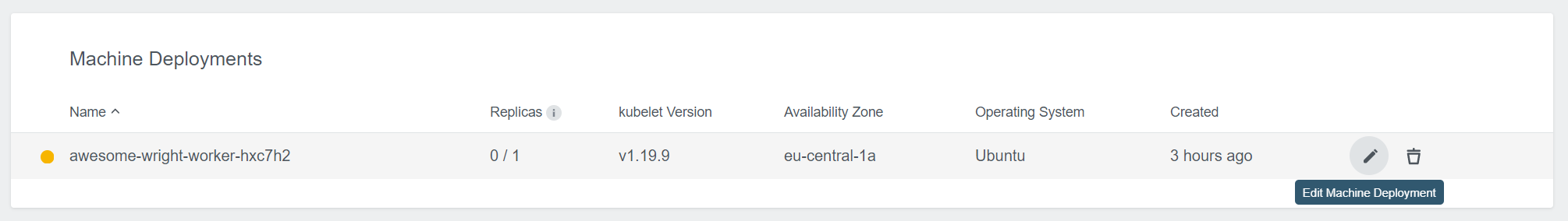 Machine deployment overview with highlighted edit button