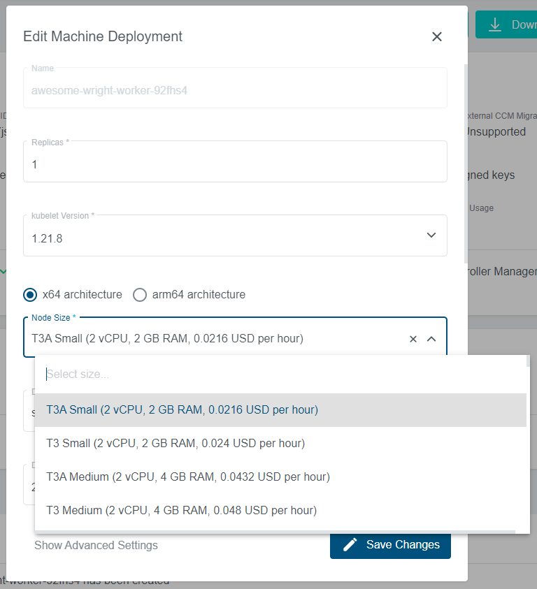 Machine deployment overview with opened edit modal