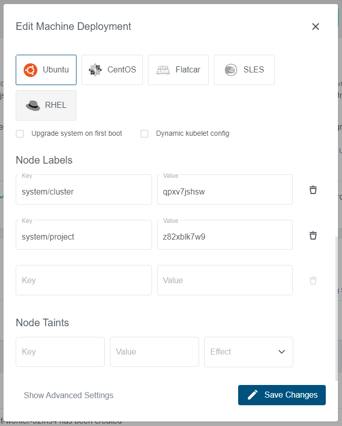 Machine deployment overview with opened edit modal