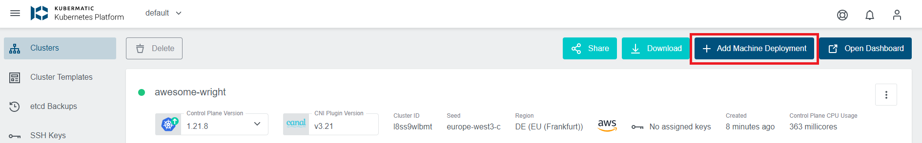 Cluster overview with highlighted add button Cluster overview with highlighted add button