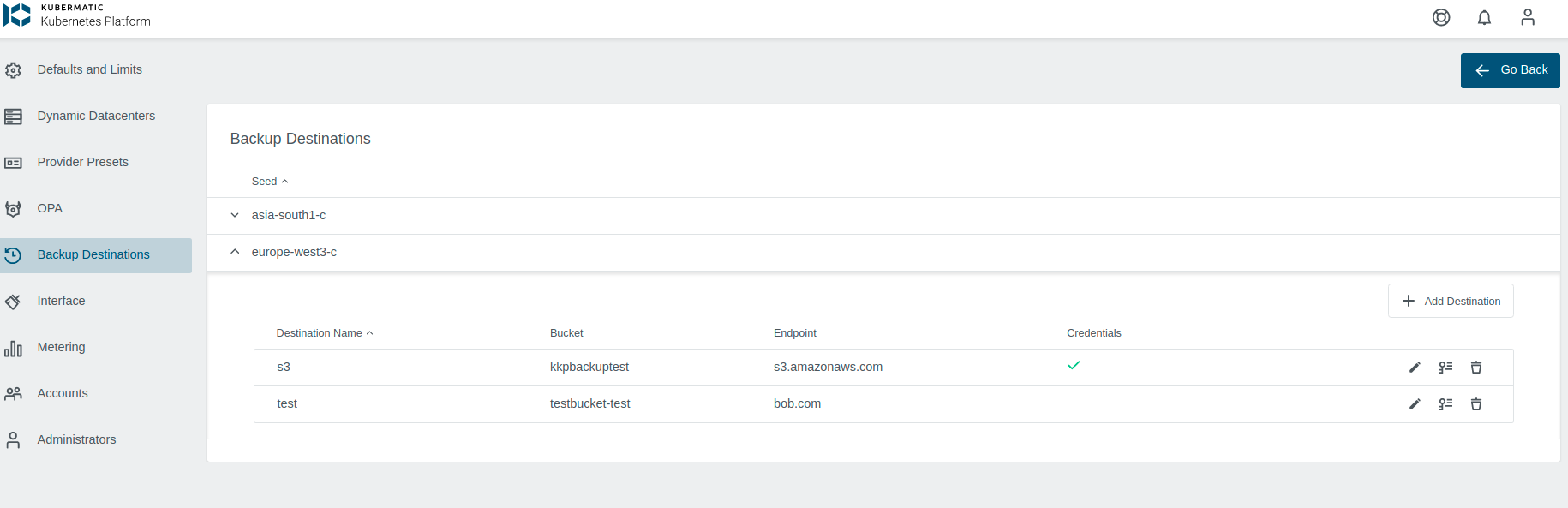 Backup Destinations Settings View Backup Destinations