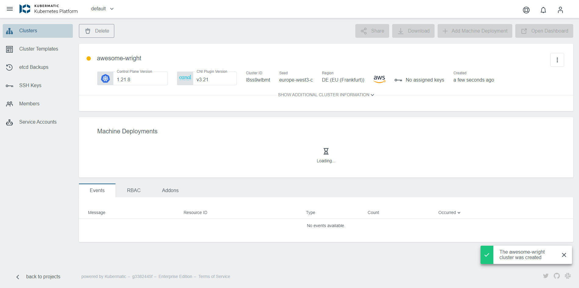 Cluster Details in Creation State Cluster Details in Creation State
