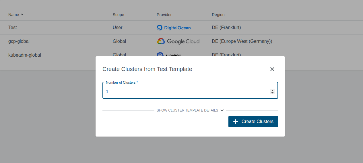 Create Clusters from Template Create from cluster template wizard