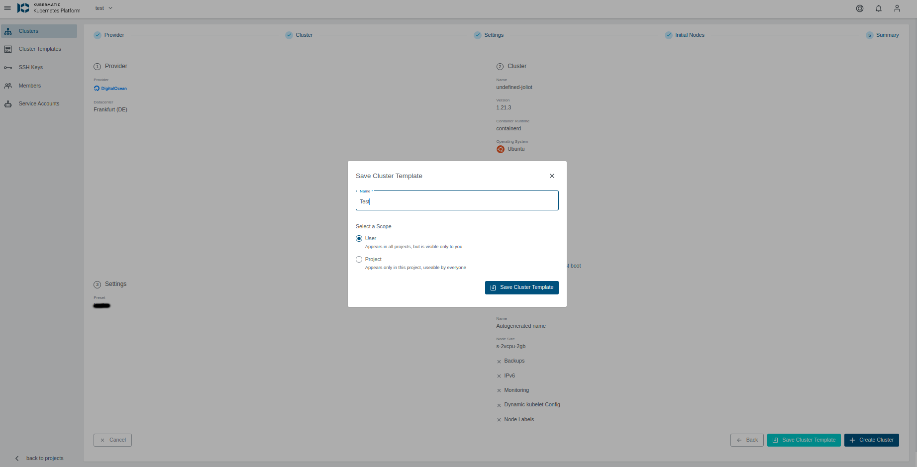 Cluster Template creation Create from cluster wizard