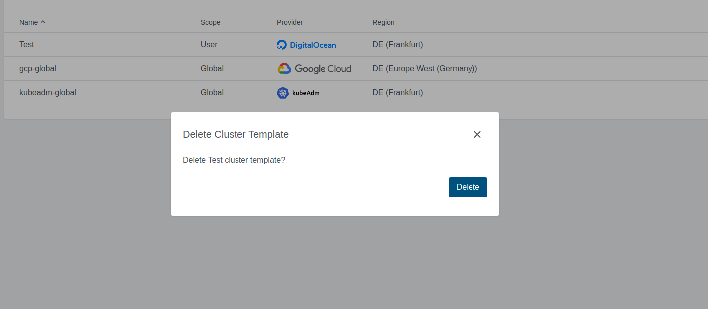 Delete Cluster Template Delete from cluster template wizard