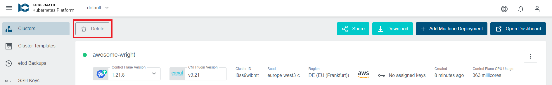 Cluster Deletion Button in the top right corner Cluster Deletion Button in the top right corner