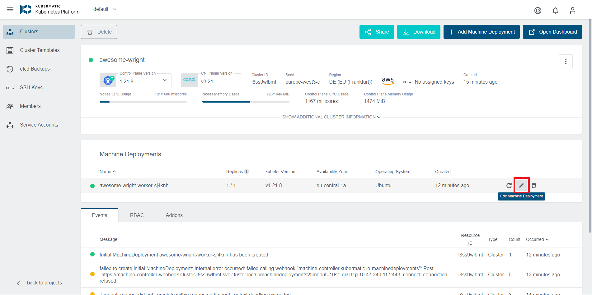 Machine deployment overview with highlighted edit button Machine deployment overview with highlighted edit button