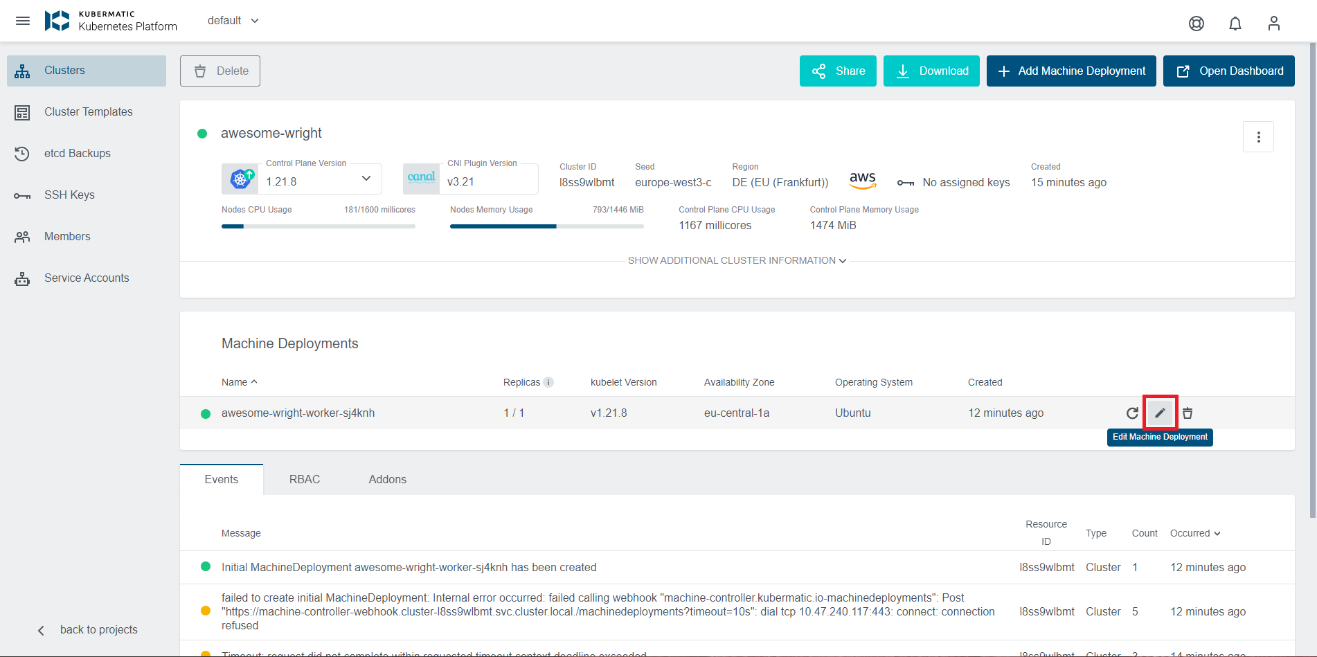 Machine deployment overview with highlighted edit button