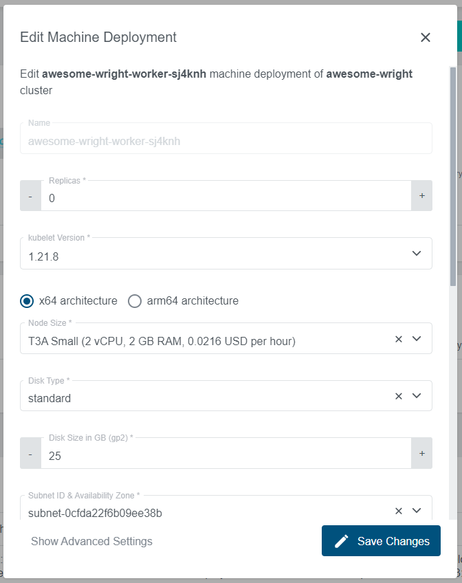 Machine deployment overview with opened edit modal Machine deployment overview with opened edit modal