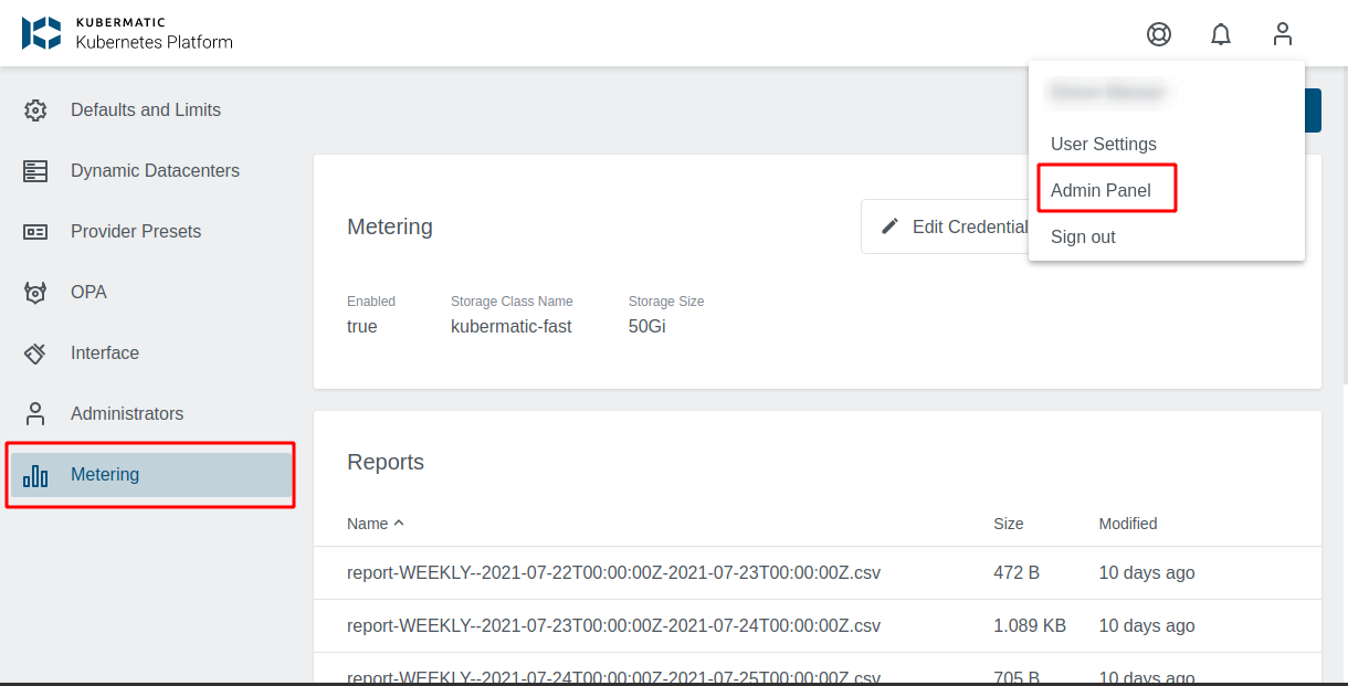 Navigation to Metering configuration and reports Navigation to Metering configuration and reports