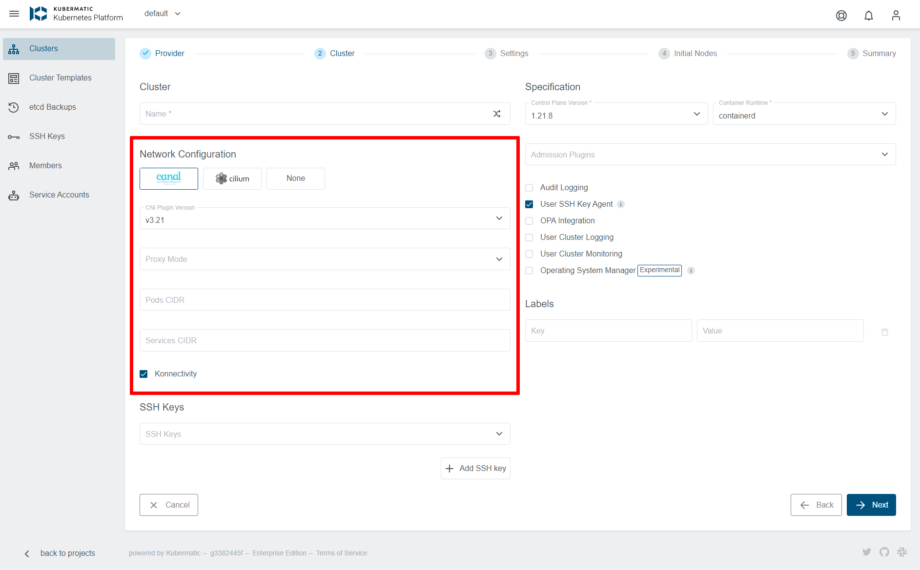 Cluster Settings - Network Configuration