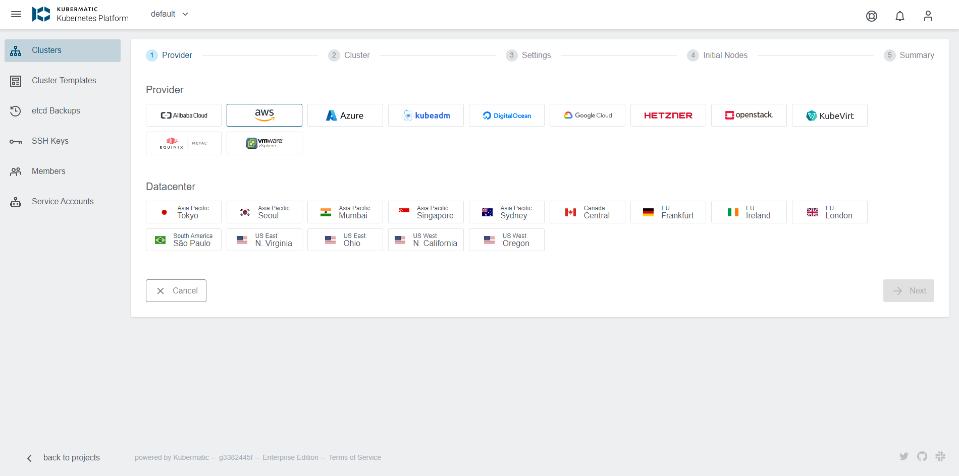 Menu to choose Cloud Provider Menu to choose Cloud Provider