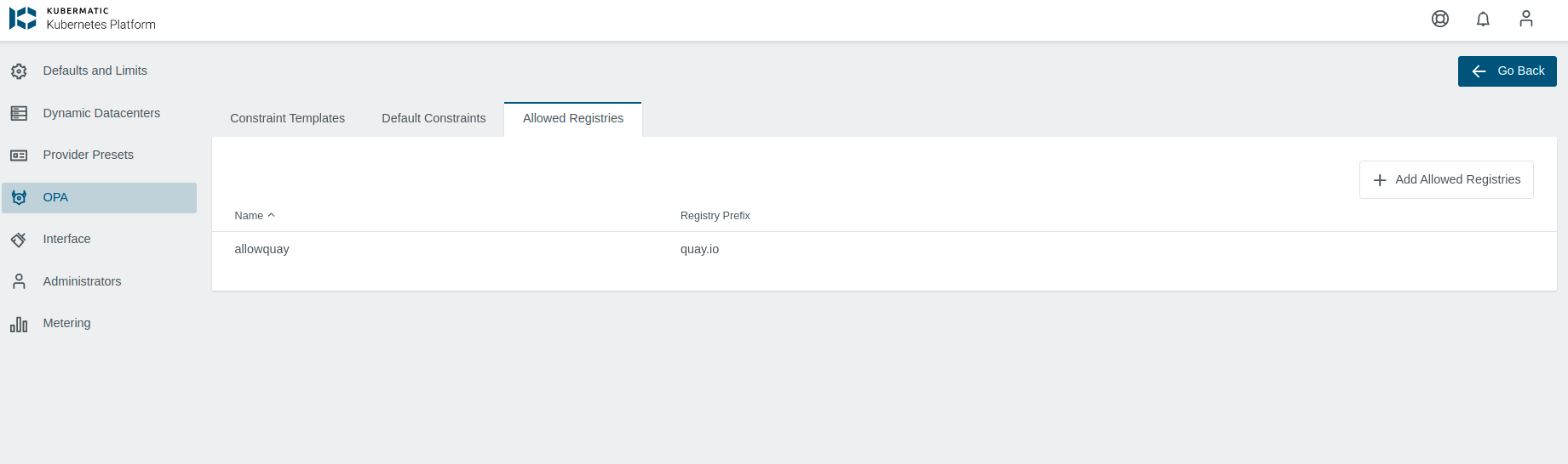 Allowed Registry View Allowed Registries View