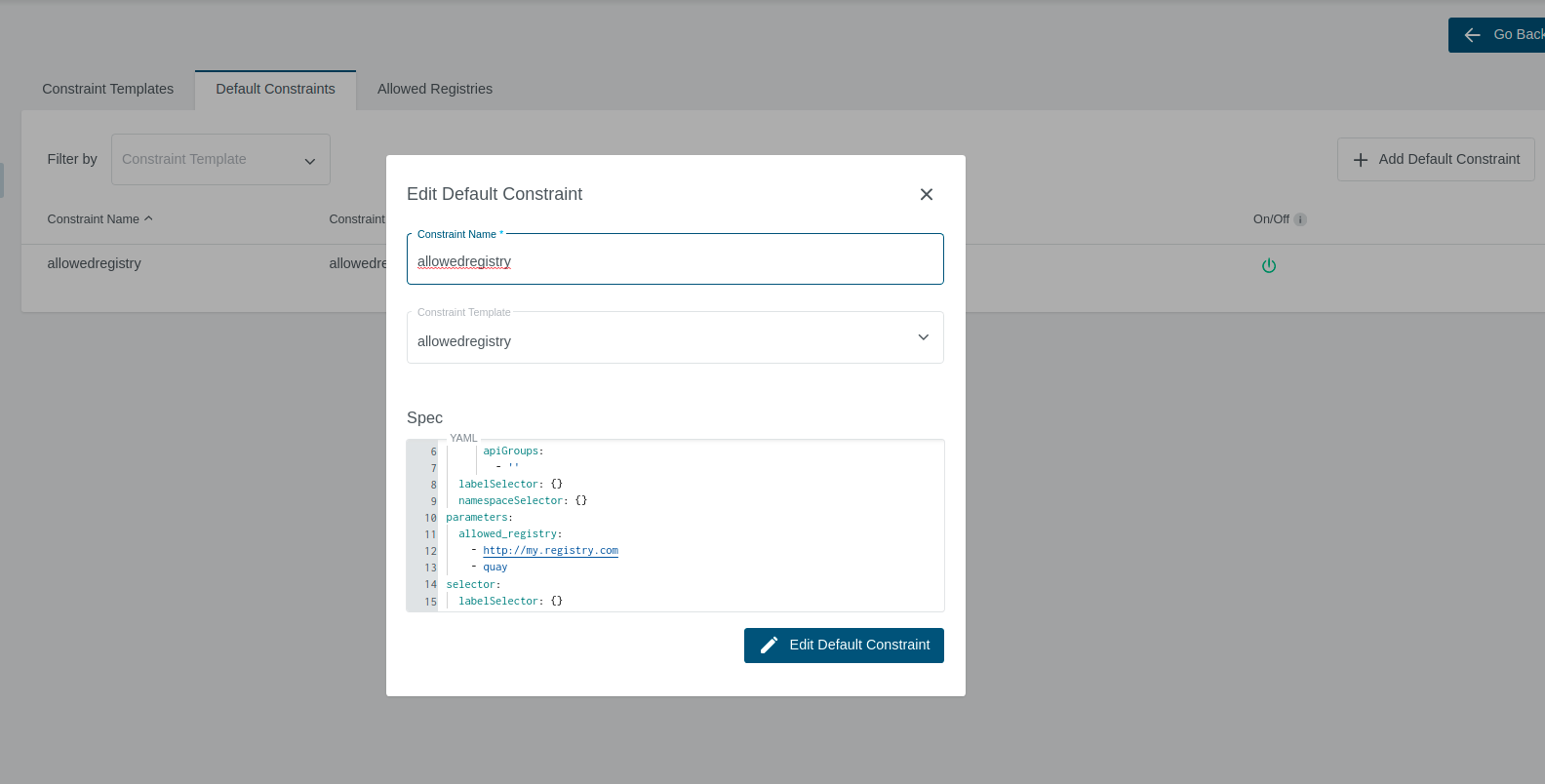 Allowed Registry Default Constraint Allowed Registry Default Constraint