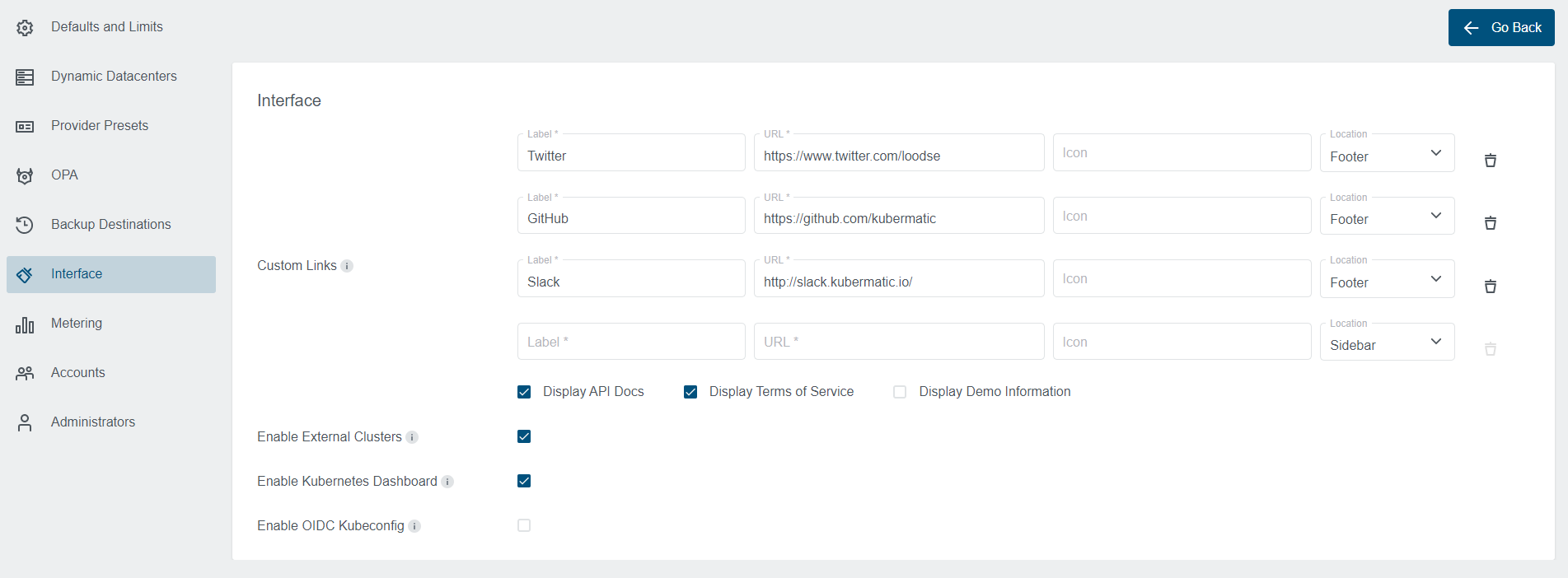 Custom Links Settings Admin Panel