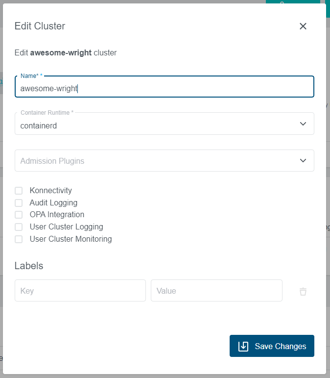 Edit Cluster Dialog Edit Cluster Dialog
