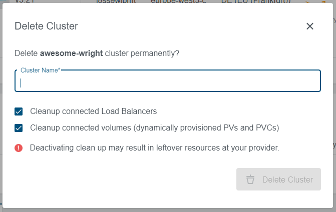 Confirmation dialog for Cluster Deletion