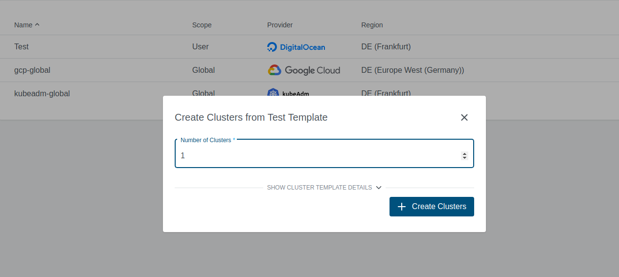 Create from cluster template wizard