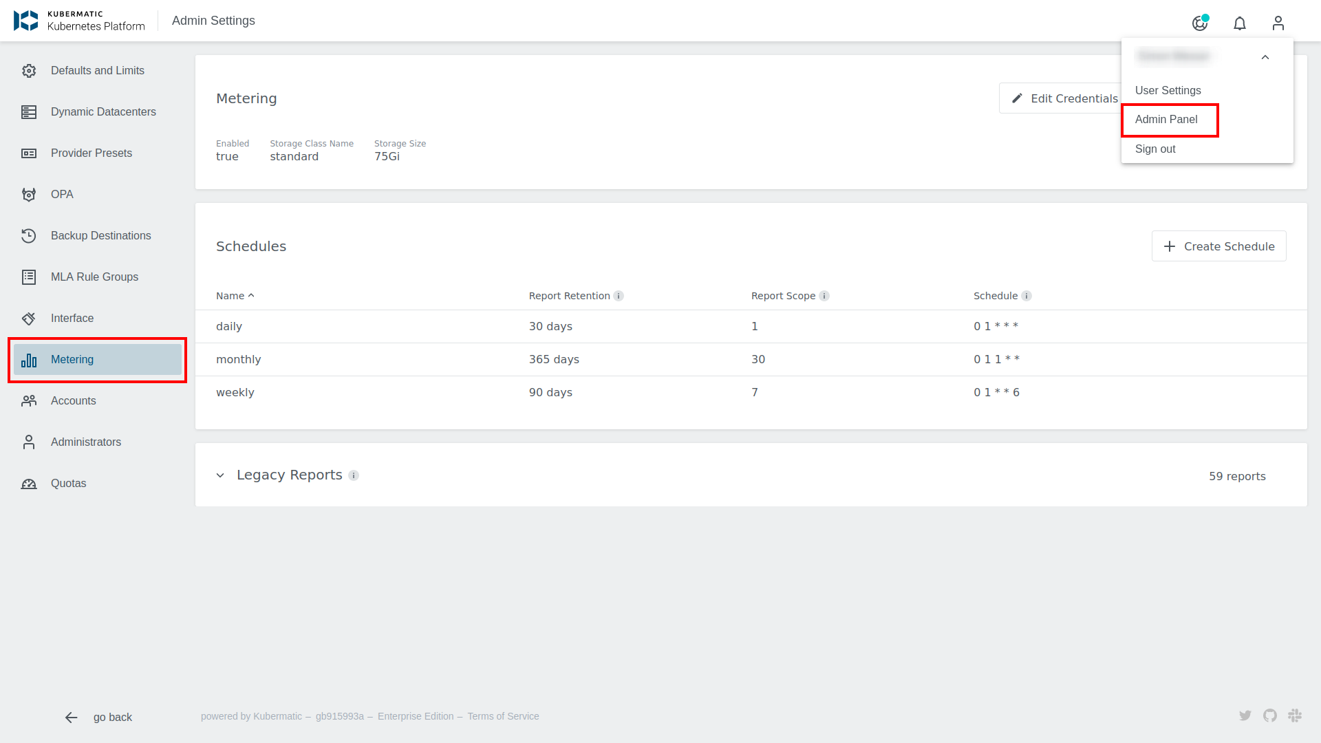 Navigation to Metering configuration and reports