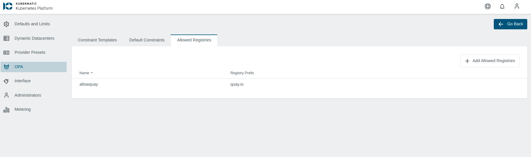 Allowed Registries View