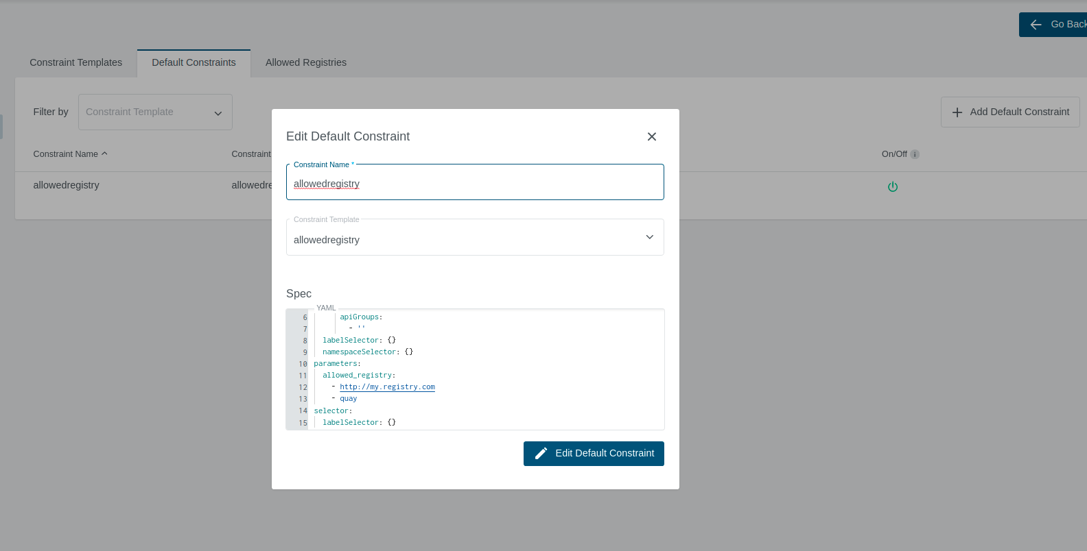 Allowed Registries Default Constraint