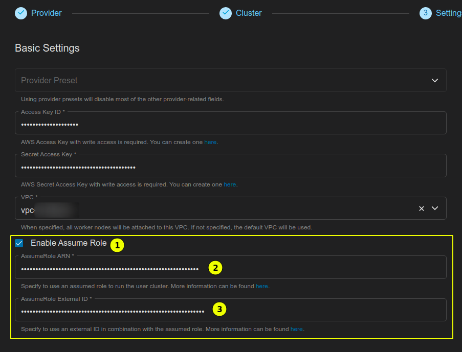 Enabling AWS AssumeRole in the cluster creation wizard