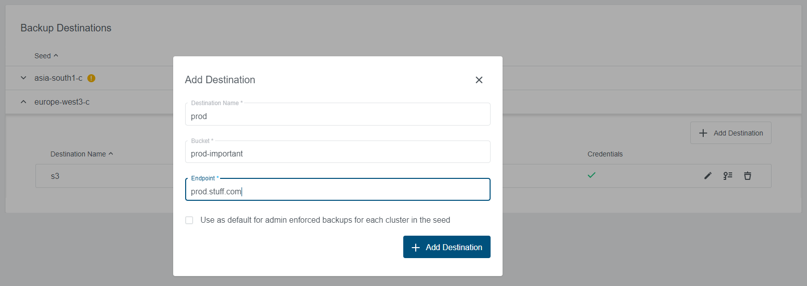 Backup Destination Settings Add Add Backup Destination