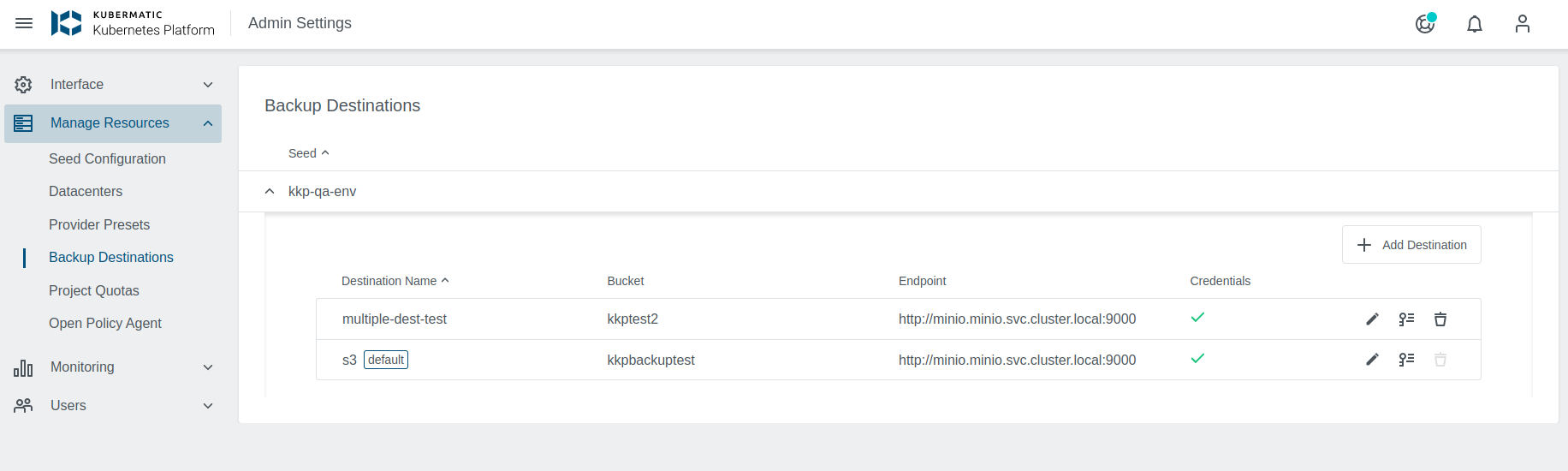 Backup Destinations Settings View Backup Destinations