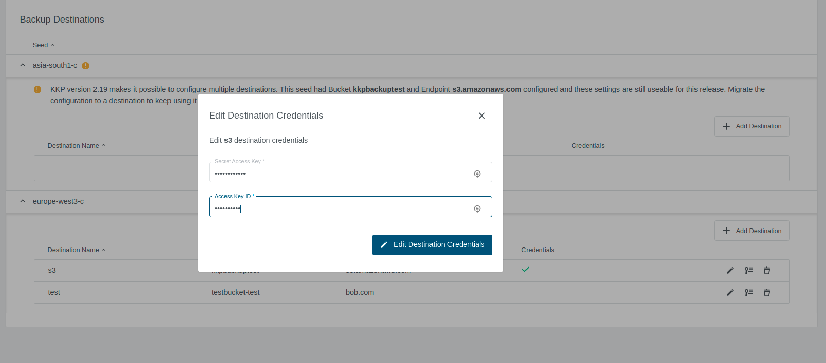Backup Destination Credentials Edit Edit Credentials