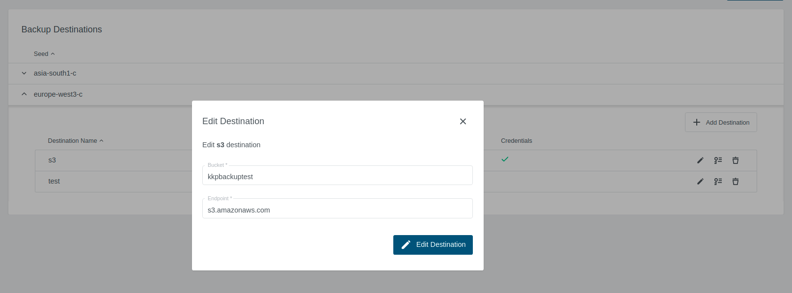 Backup Destination Settings Edit Edit Backup Destination