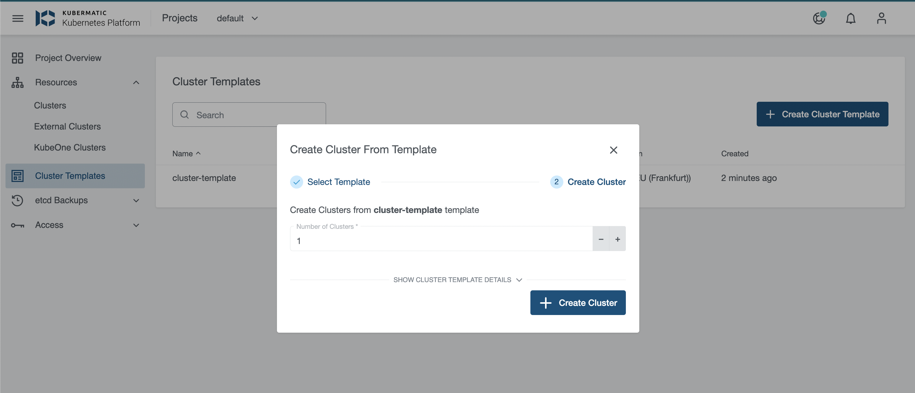 Create from cluster template wizard