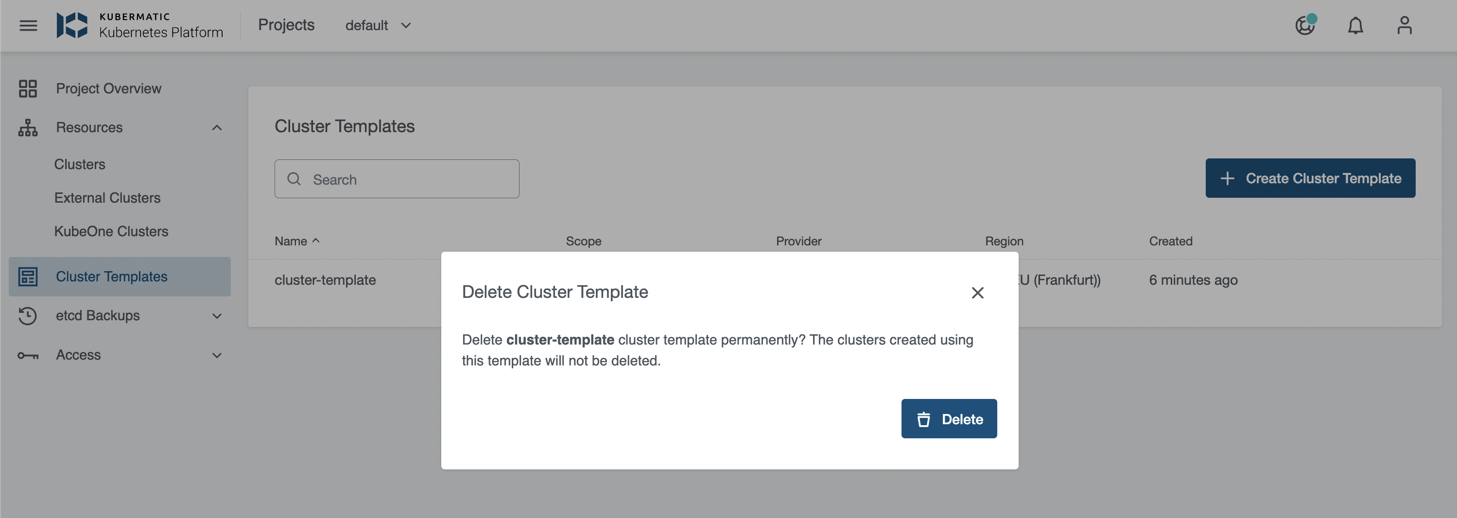 Delete from cluster template wizard