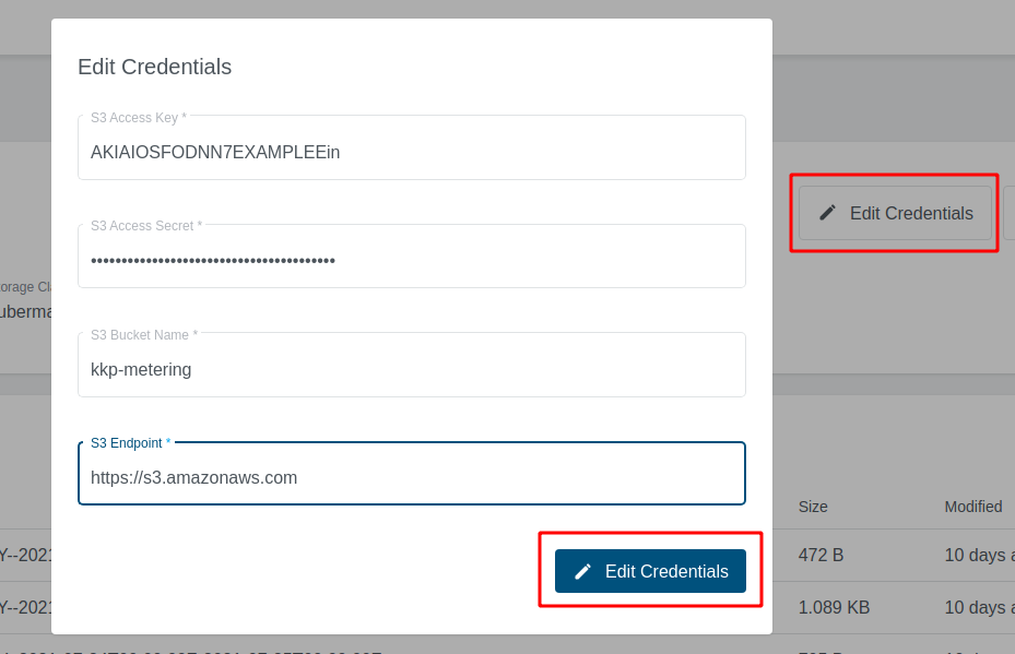 'Edit Credentials' form “Edit Credentials” form