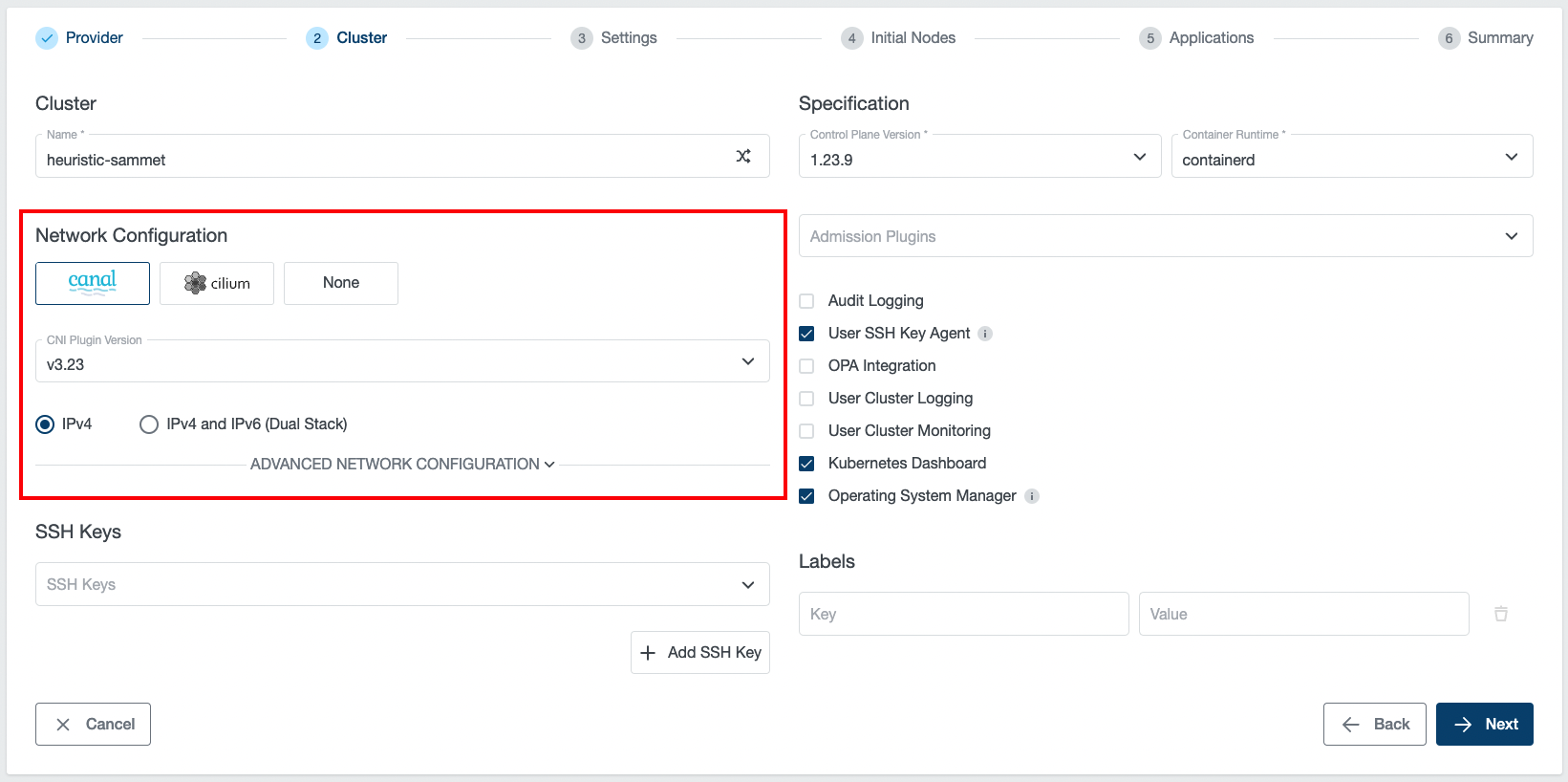 Cluster Settings - Network Configuration