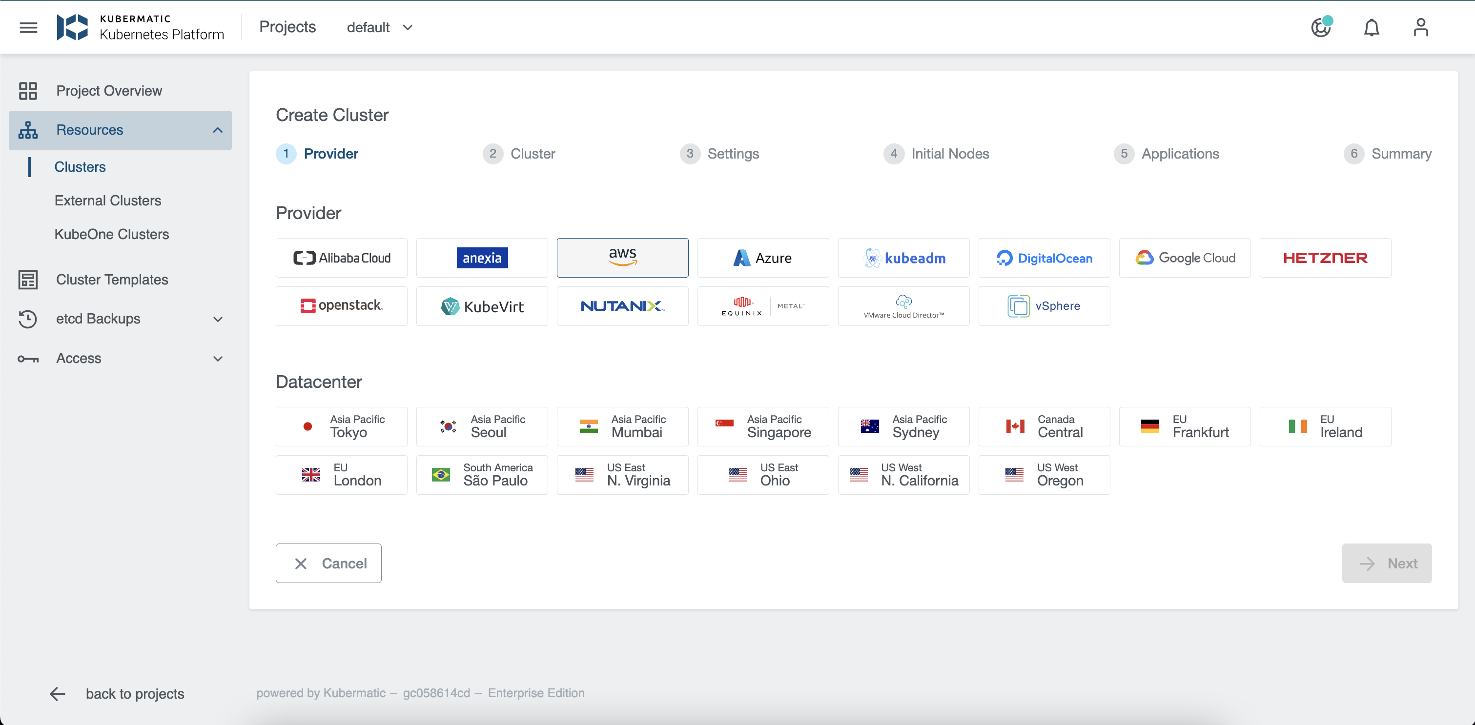 Menu to choose Cloud Provider